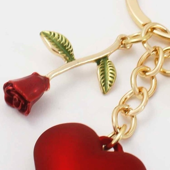 Red Heart Rose Charm Keychain Golden Faux Pearl - Picture 4 of 6